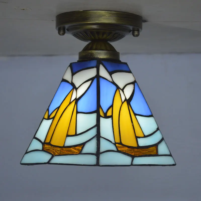 

Tiffany Small Ceiling Light Stained Glass European Square Sailboat Hallway Kitchen Fixture E27 110-240V