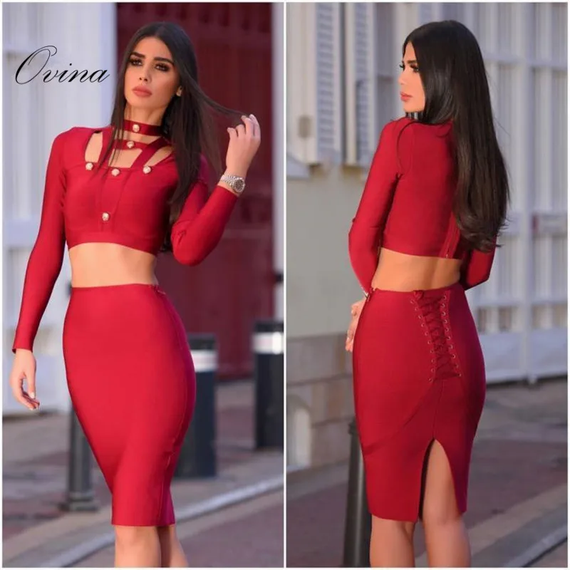 Red Long Sleeve Button Short Top Lace Up Splitted Back
