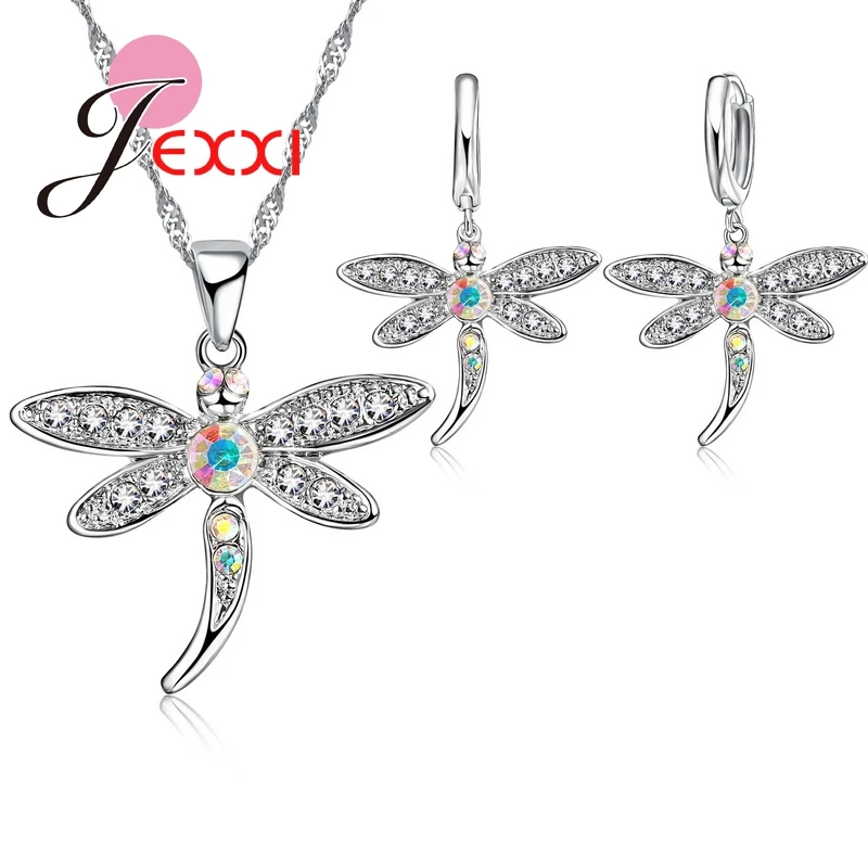 

YAAMELI Pretty Dragonfly Jewelry Sets 925 Sterling Silver Pendant Necklace Earrings For Women Shining CZ Rhinestone Crystal Gift