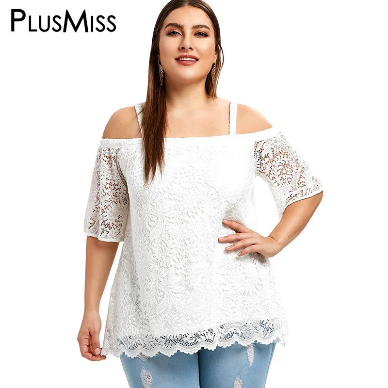 PlusMiss Plus Size XXXXXL Mesh Lace Crochet White Blouse Big Size Women ...