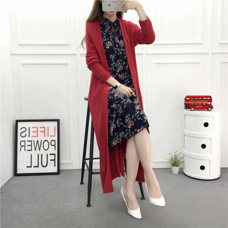 sweater female super long 2018 spring and Autumn New Korean version loose autumn dress thin knitted coat |