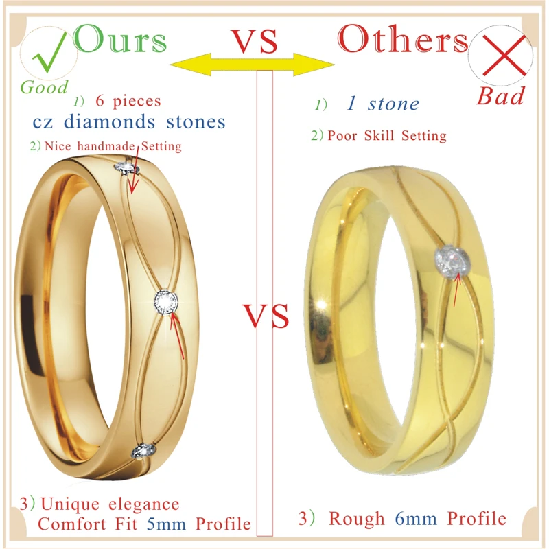 Gypsy Setting Gold Color Wedding Band Engagement Couples Rings pair Men Women's rings anel ouro anillos 6pcs cz stones (4)