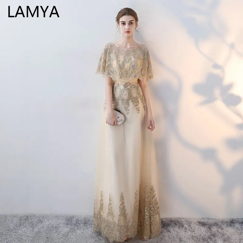 

LAMYA Luxury Gold Long Sequins Evening Dresses 2019 O Neck Floor Length Prom Party Dresses Cap Sleeve Formal Gown Robe de Soiree