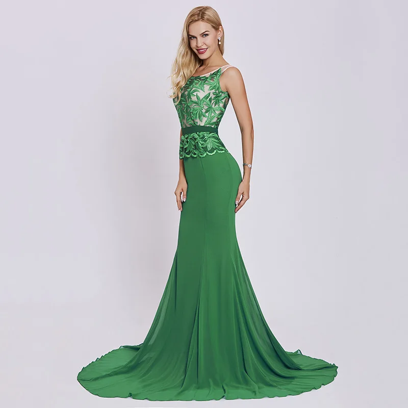 Dressv dark green long evening dress cheap scoop neck embroidery sleeveless wedding party formal dress mermaid evening dresses