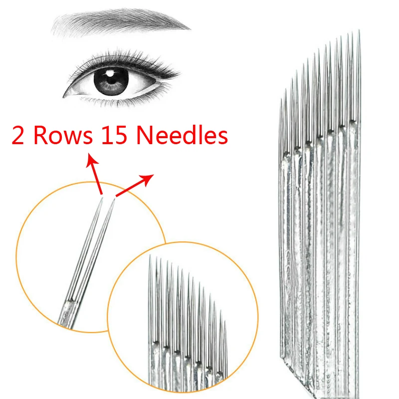 2 Rows 15 Needles Permanent Makeup Microblading Eyebrow Tattoo Needle Microblading Needles Disposable Sterile Embroidery Blades