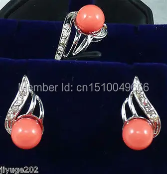 

Hot sale FREE SHIP>>>>beautiful silver plate coral earring ring 7 8 9# Set