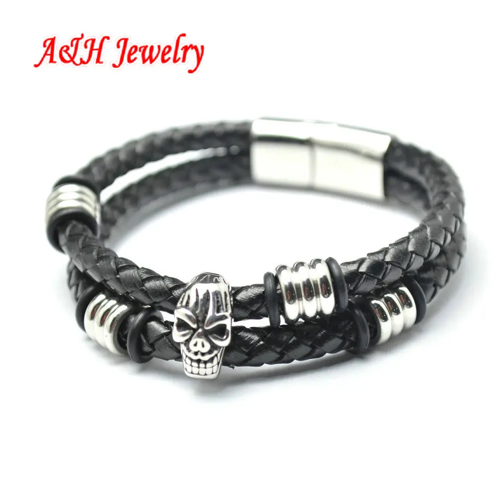 

5pcs New Arrival Double Rows Genuine Leather Bracelets With 316L Stainless Steel Skull Charms Fashion Men Bangles