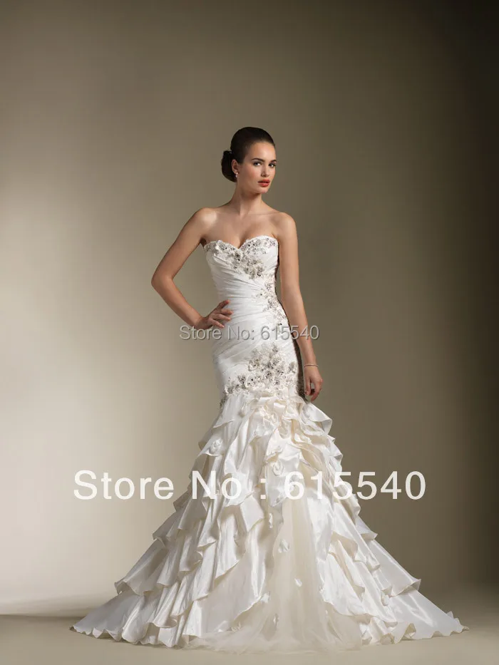Fast Delivery Mermaid Sweetheart Chapel Train White Taffeta Appliques
