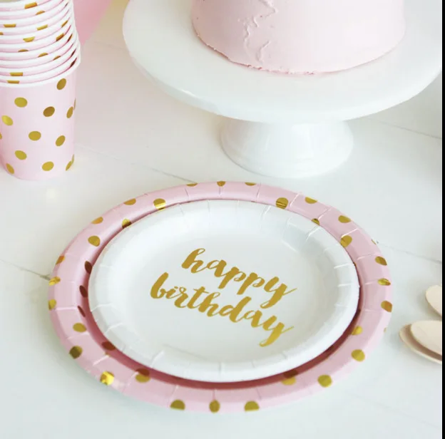 

Pink Gold Party Supplies Blocking Dot Plates Birthday Decor Disposable Tableware Plate Cups For Party Dinner Wedding Decoration