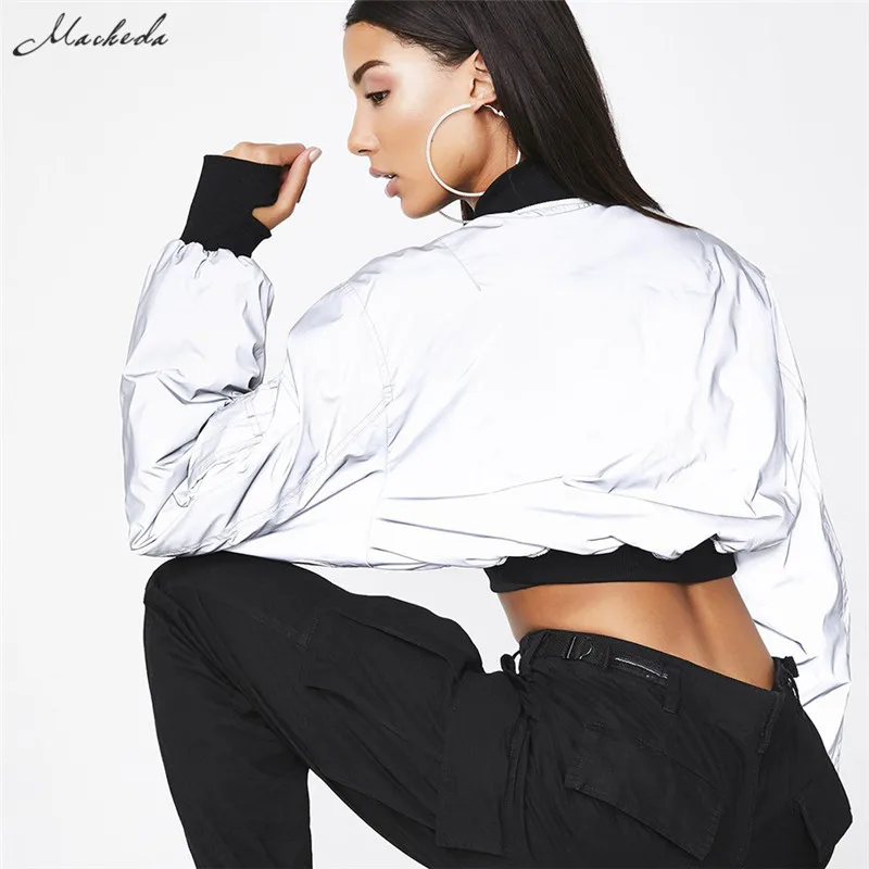 

Macheda Women Short Coat Long Sleeve Zipper Bomber Jackets Gray Reflective Coat 2018 New Sale Female Casual Cropped Top