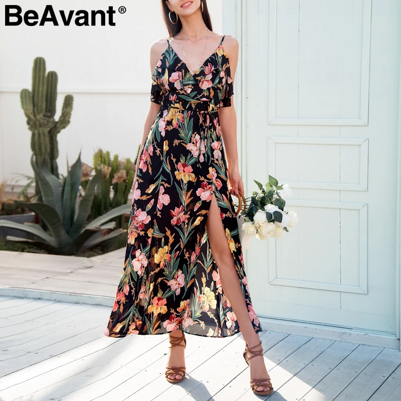 BeAvant Backless v neck ruffles sexy dress women High waist split long dress summer Beach maxi dress boho print dress vestidos BeAvant Backless v neck ruffles sexy dress women High waist split long dress summer Beach maxi dress boho print dress vestidos