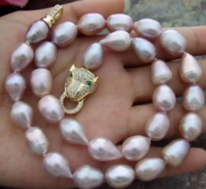 

Fashion 11-13mm natural Purple white Cultured pearl necklace 18". 36" Leopard head clasp