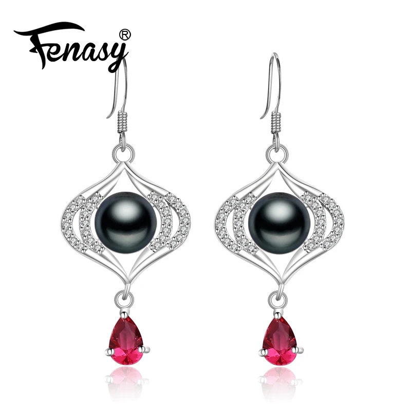

FENASY Ruby Jewelry,vintage earrings,long Pearl earrings for women,Bohemia pearl Jewelry 925 sterling silver ethnic earrings
