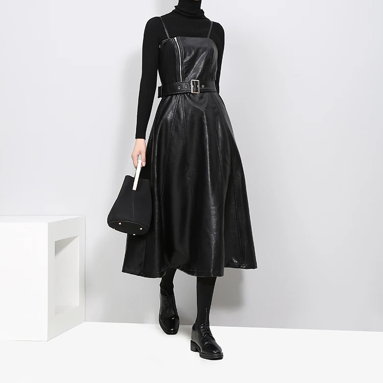 A-line Spaghetti Strap Faux Leather Black Dress With Belt
