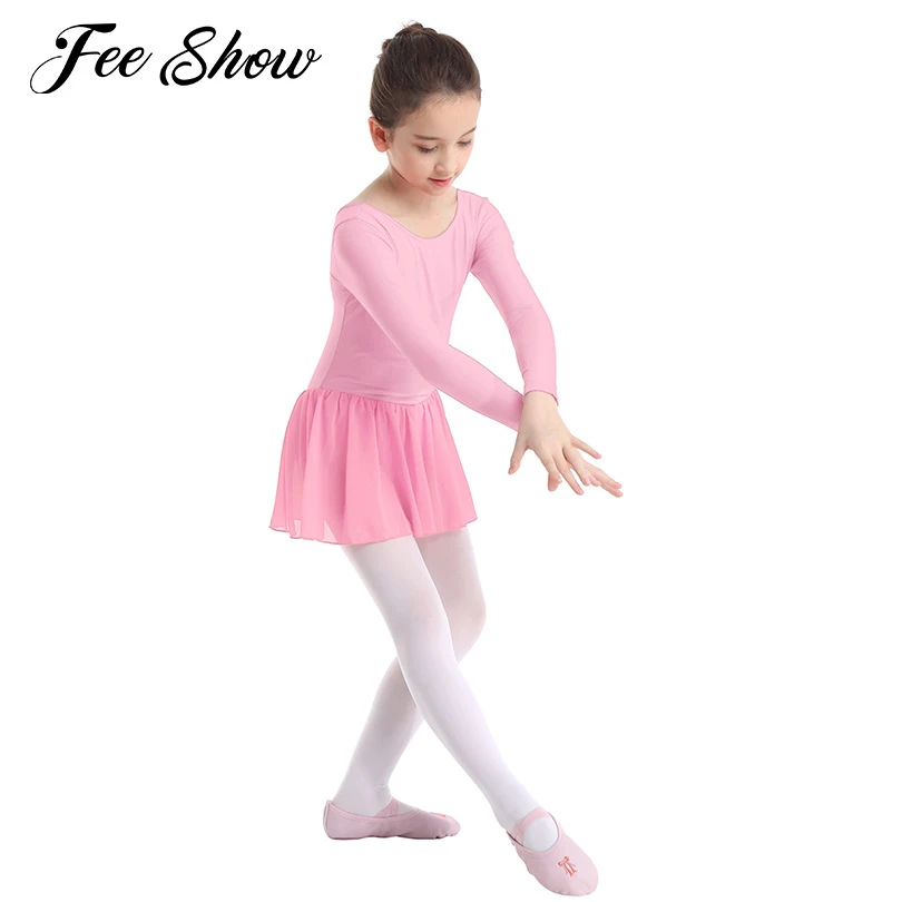 Girl Ballet Long Sleeves Dance Dress Gymnastics Leotard Chiffon Skirt Costume