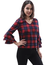 2017 New plaid blouses shirt red female 3/4 sleeve casual slim women ruffles hollow plus size shirt office lady backless tops