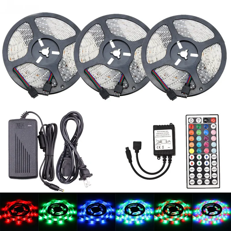

5M 10M 15M DC 12V RGB LED Strip Lights SMD 2835 Flexible LED Tape Ribbon Colorful LED Rope Light Lamp+Black LED Controller+Power