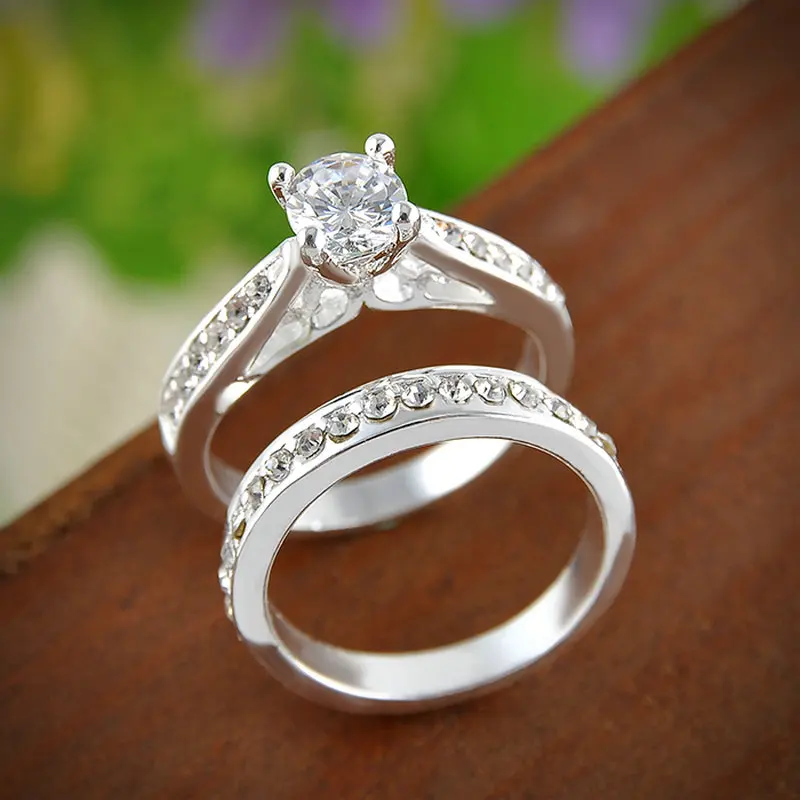 2pcs Set Charm Ring Bijoux Femme Fashion Jewelry 2pcs Set Charm Ring Bijoux Femme Fashion Jewelry Silver Crystal Engagement Wedding Rings For Women Men Anel In From