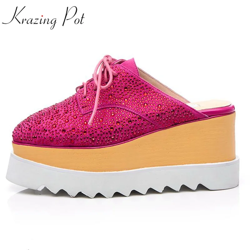 

Krazing Pot new sheep suede women square toe bling crystal platform mules women pumps wedge superstar beauty increased shoes L25