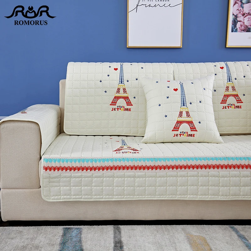 

Fashion Paris Tower Embroidered Sofa Cover Towel Pure Cotton Anti-slip Covers for Sectional Sofas 1/2/3/4 Seat Couch Cover Mats