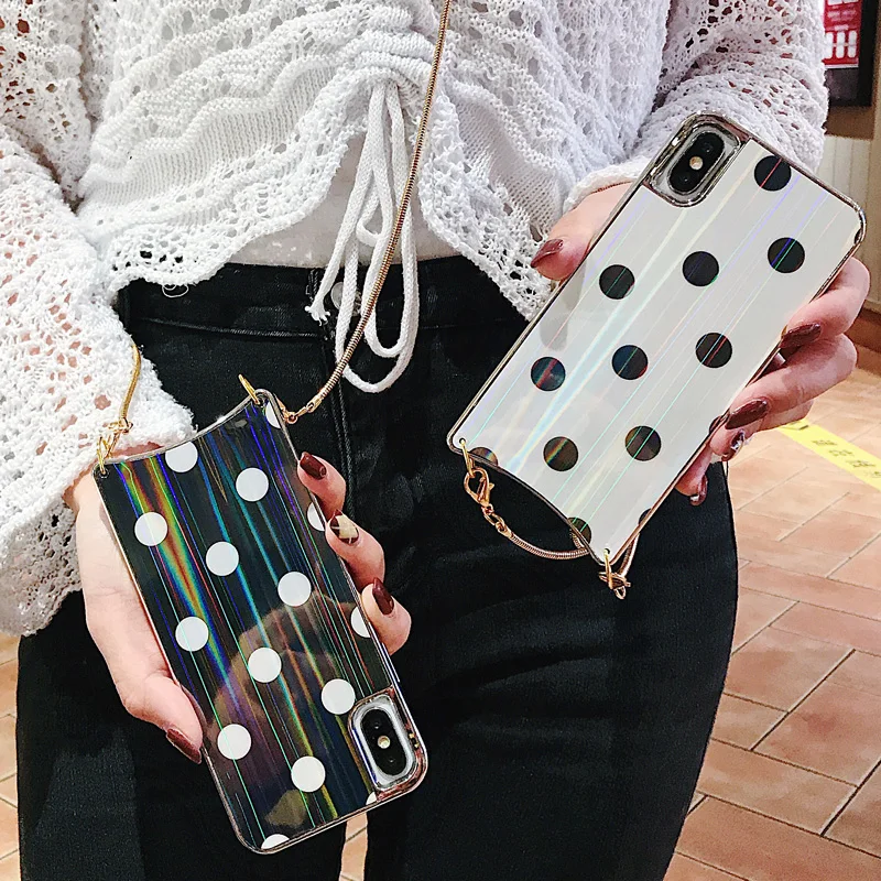 

For iPhone Xs Max Case With Chain Luxury Rainbow Laser Plating Soft Silicone Wave Point Back Cover For iPhone X XR 8 7 6 6s Plus
