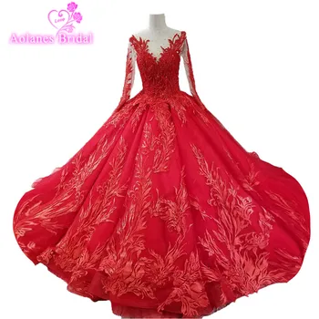 

2018 Red Lace Vintage Wedding Dresses V-neck Cathedral Train Wedding Gowns Ball Gown Vestidos De Noivas Fotos Reais Mariage