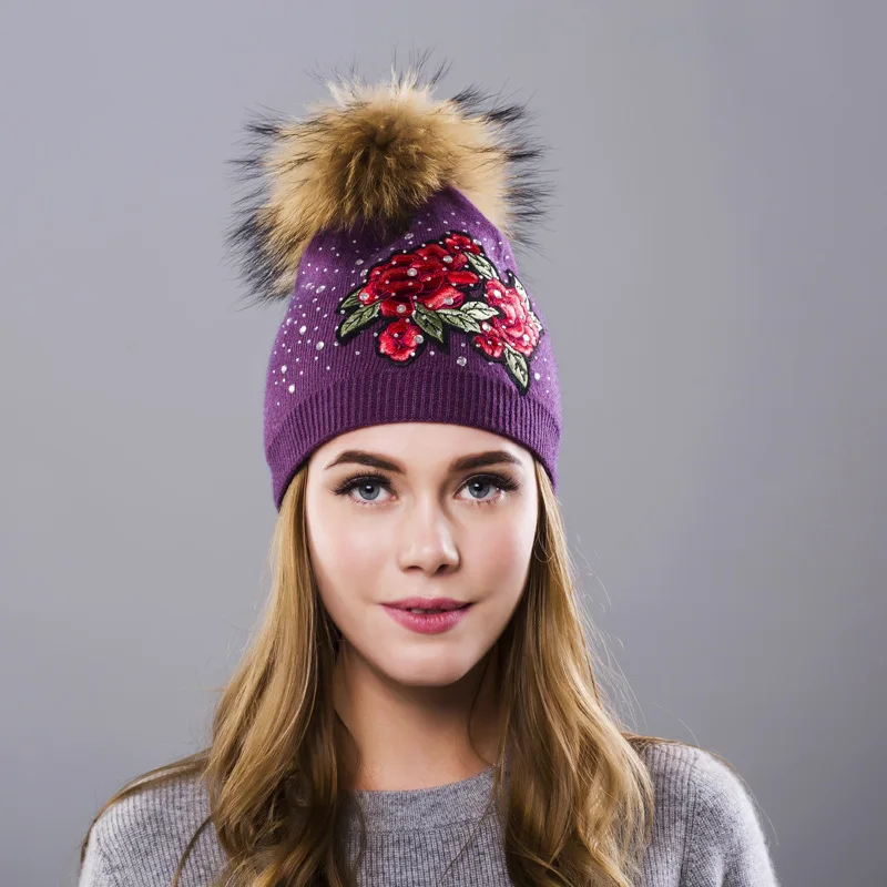 Winter Hat Women Knit Beanie Warm Cap Wool Flower Real Raccoon Pom Pom Autumn Casual Outdoor Ski Skullies Snow Accessory (27)