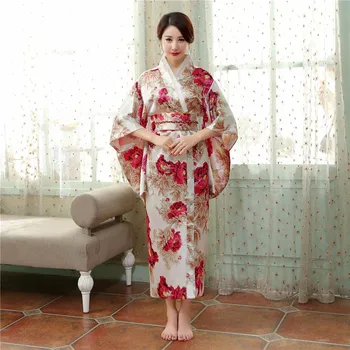 

New Flower Japanese National Female Kimono Gown Women's Traditional Satin Yukata Bathrobe With Obi Performance Dance Clothing
