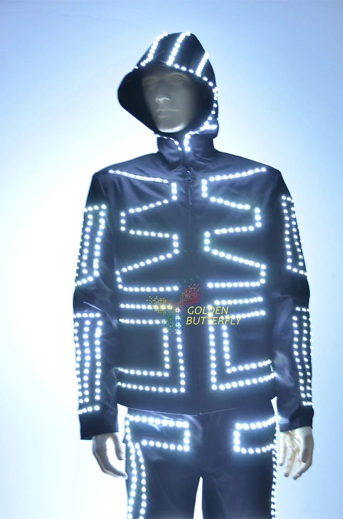 Светодиодные костюмы для мужчин светящийся цирк одежда 2017 Мода LED с капюшоном