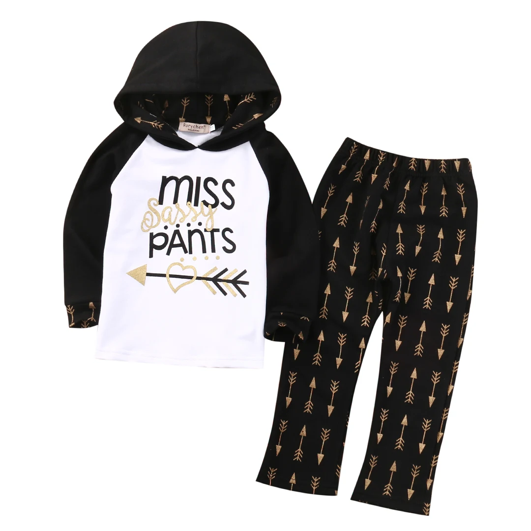 Осенний комплект одежды из 2 предметов с принтом стрелы для маленьких девочек, хлопковый пуловер с капюшоном топы, длинные штаны комплекты