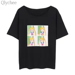 Qlychee Лето для женщин милый мультфильм печати Футболка Топ японского аниме Сейлор Мун Футболка короткий рукав повседневное свободная