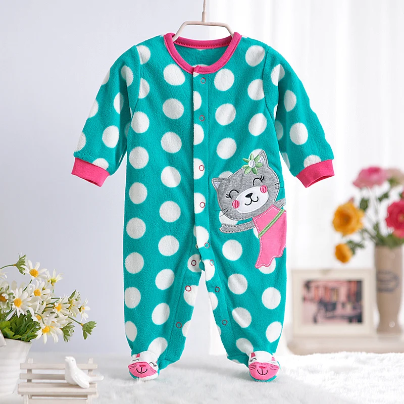 Autumn Fleece Baby bodysuits Green Pink Cat Baby Girl Clothing Infant Baby Girl Clothes