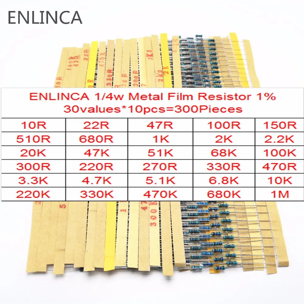 

300pcs/lot 30Values* 10pcs 1% 1/4 W resistor pack set diy Metal Film Resistor kit use colored ring resistance (10 ohms~1 M ohm)