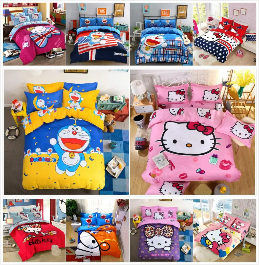 Bedding Set Cartoon Hello Kit cat Doraemon 4pcs 3pcs Duvet Cover Sets Soft Polyester Bed Linen