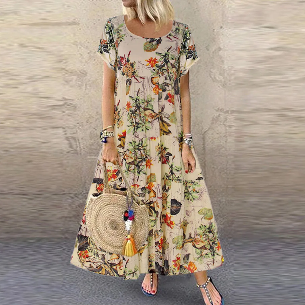 Feitong женское летнее Повседневное платье макси с коротким рукавом богемное длинное платье с цветочным принтом круглый вырез ремень Элегантный Большой размер# V