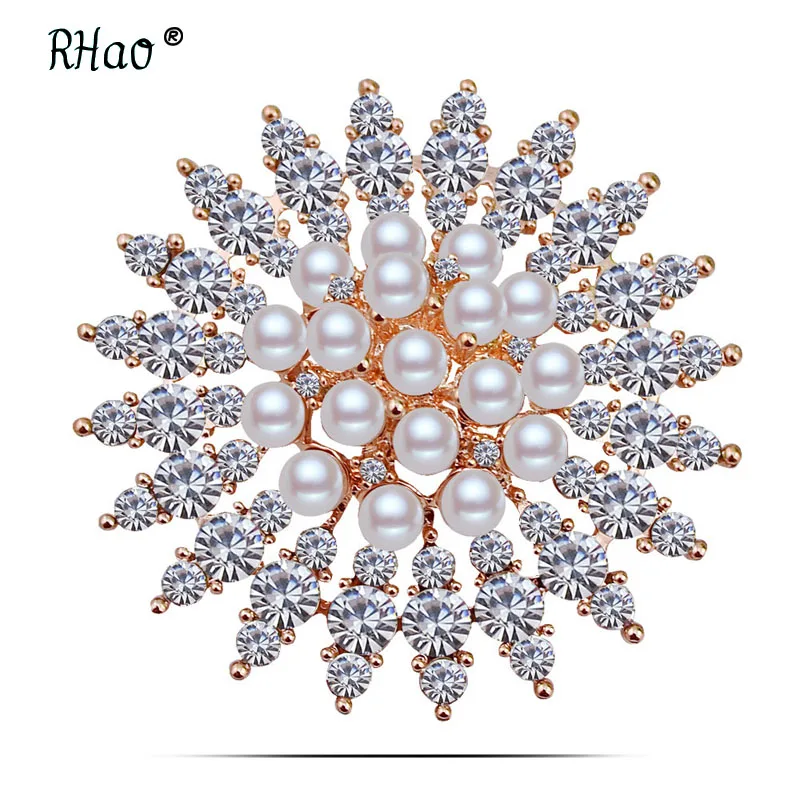 

Retail!!High Quality fashion Style Clear Austria Crystals Imitation Pearl Big flower round Bow Brooch Wedding Accessories