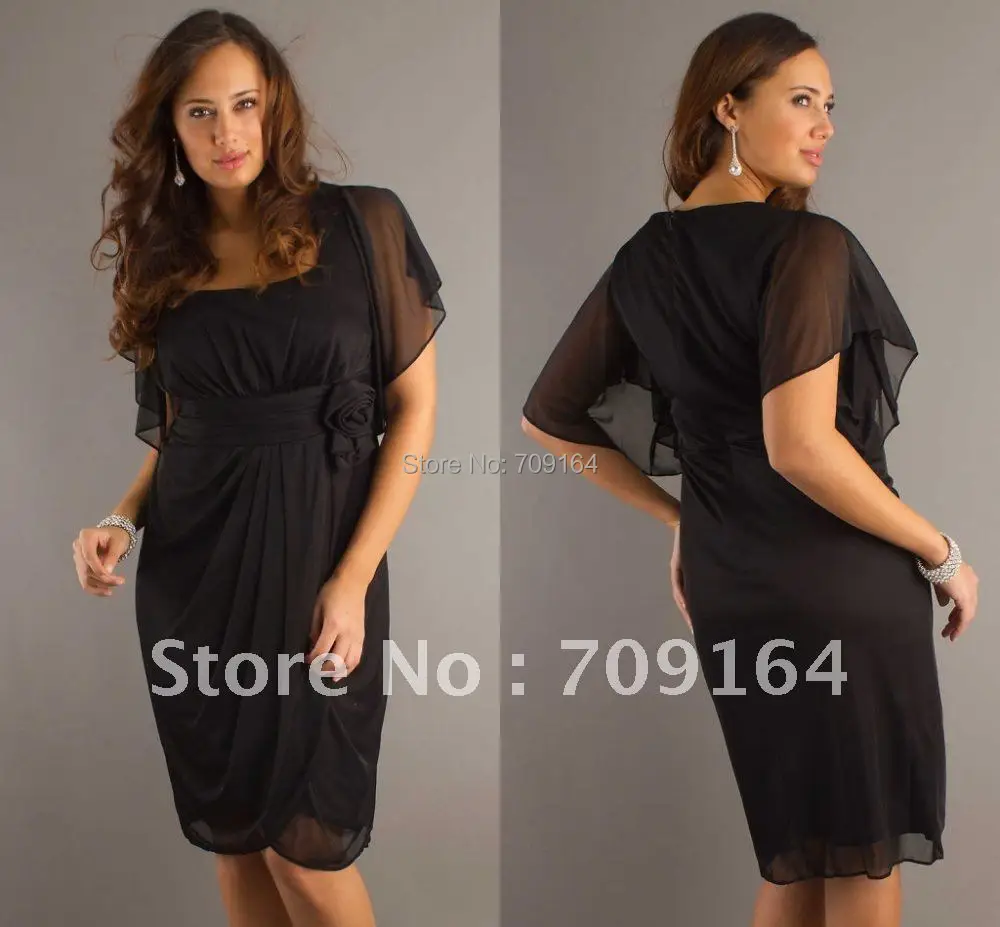 2013 Free Shipping Best Selling Short Cap Sleeves Black Chiffon Plus
