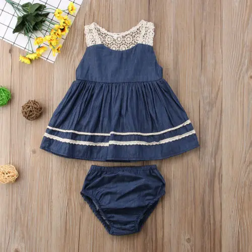 

Kid Baby Girl clothes Denim Lace Party Sleeveless Dress + Shorts Clothes Outfits 2pcs clothes set