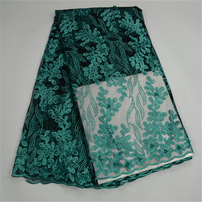 

New Arrival Dark Green 2018 French Lace Fabric With Beads Mesh Tulle High Quality Nigerian Lace Fabrics For Wedding