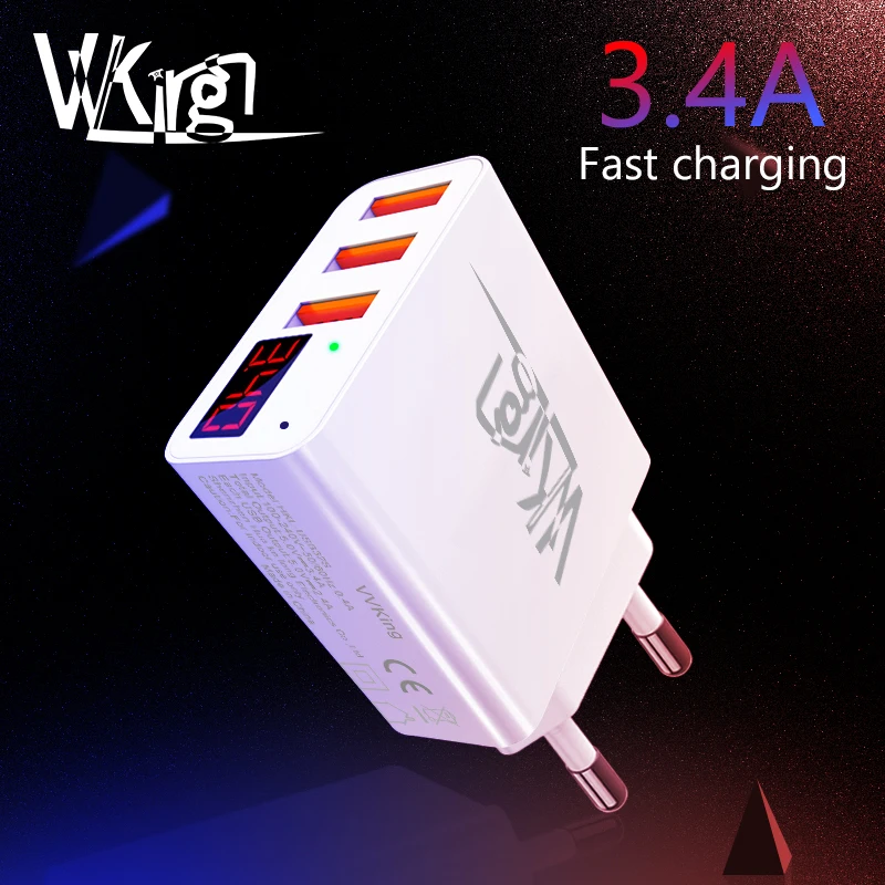 VVKing USB Charger 3.4A Smart Fast Charging LED Display EU/US 3 Ports USB For iPhone Samsung Xiaomi Huawei Travel Wall Charger
