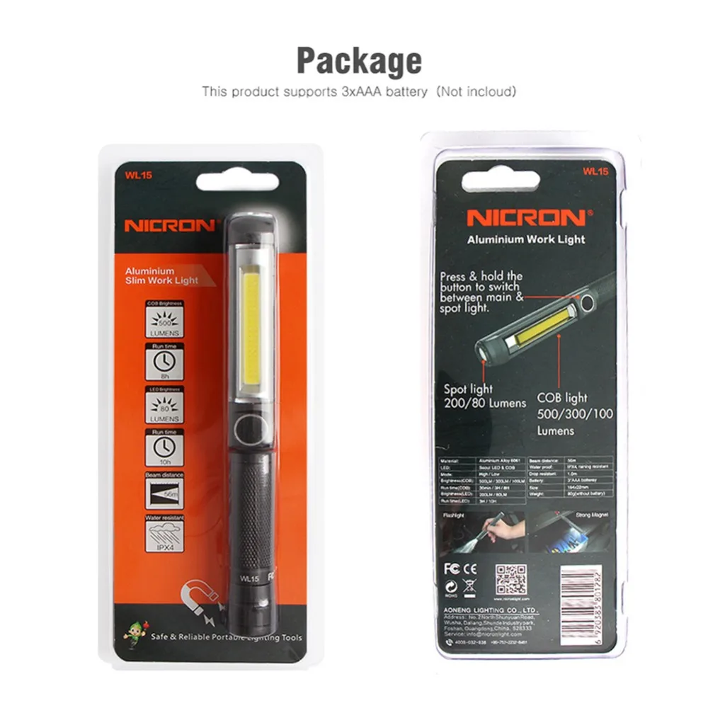 NICRON алюминиевый тонкий рабочий светильник IPX4 водонепроницаемый точечный/COB светодиодный светильник-вспышка 500LM сильный магнит 3* AAA батареи для технического обслуживания и т. д
