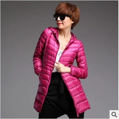 Европейский высокого качества новинка зимние теплые свет Белая куртка с утиным пухом женщин Тонкий с капюшоном длинный Большие размеры пуховая куртка пальто ae473 - Цвет: Розовый