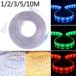 Гибкий свет ленты, тесьма Ledstrip 1/2/3/5/10 M AC220V 60leds/M SMD 5050 RGB лампы Водонепроницаемый фоне стены полосы света