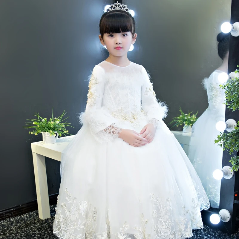 

Luxury Autumn Winter Children Girls Piano Performance Dress Wear Kids Babies Pure White Color Flowers Birthday Wedding Dress