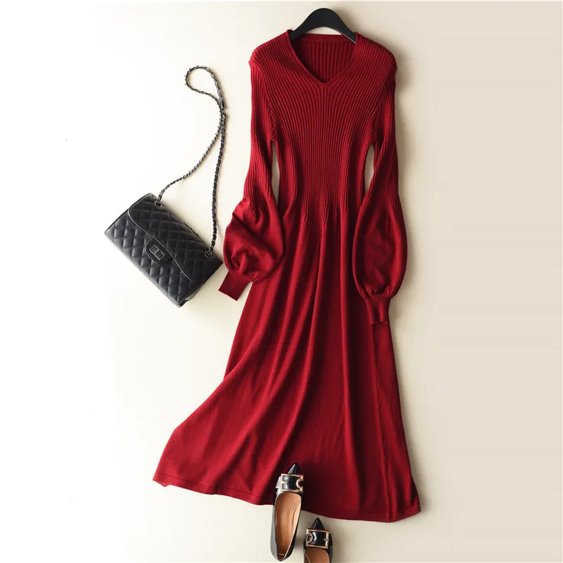 Beste 2018 Lente Nieuwste Stijl vrouwen Gebreide Kasjmier Wollen Jurk Lange Stijl Effen Kleur V kraag Lantaarn Mouwen Gratis verzending