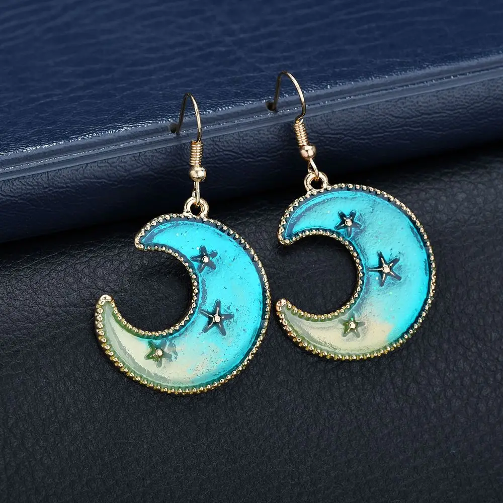 Terreau Kathy 2018 New Korean Style Jewelry Blue Star Moon Long Drop Earrings For Women Asymmetric Round Planet Earrings Fashion