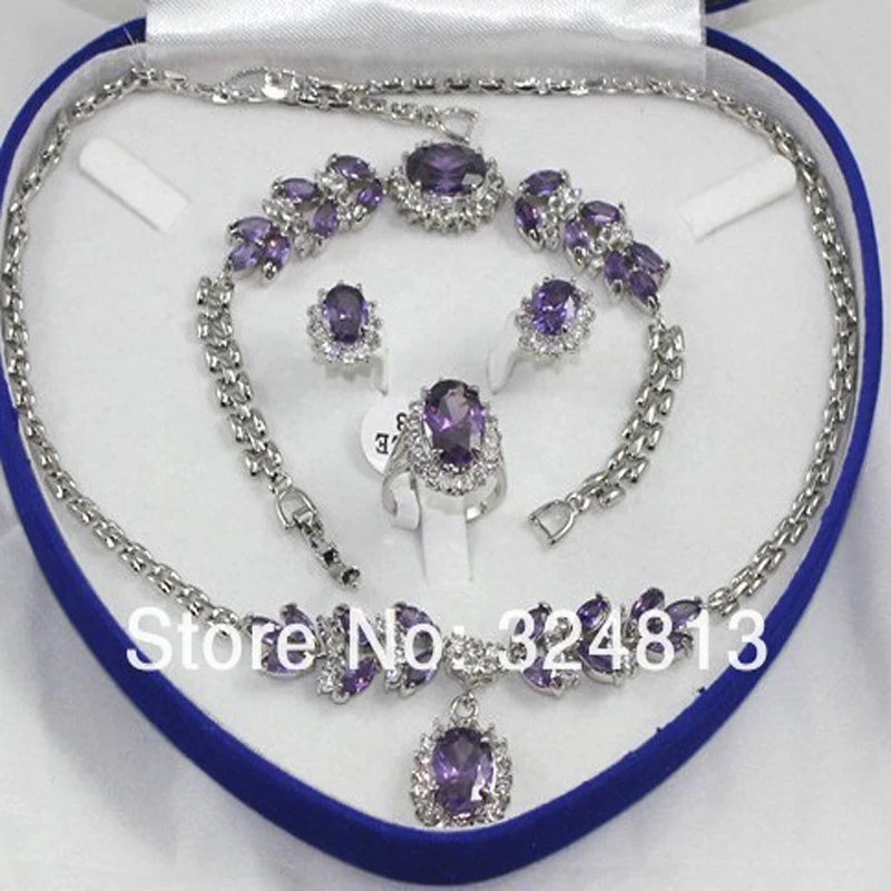 Прекрасный Для женщин комплекты с фиолетовыми и кулон ожерелье браслет серебряные серьги-гвоздики, серьги, кольцо,#2222