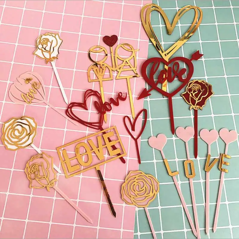 

LOVE Acrylic roses Cake Topper Happy Birth birthday party Cupcake Topper For Anniversary Happy Valentine's Day Cake Decorations