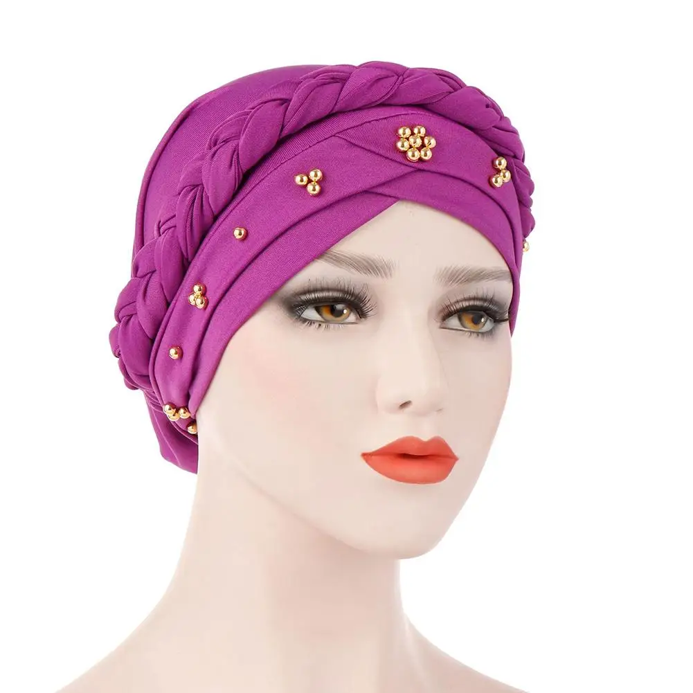 Мусульманские женщины стрейч коса крест хлыст бисера крест Шелковый Тюрбан шляпа шарф шапочка шапки хиджаб головной убор повязка на голову аксессуары для волос - Цвет: Lavender