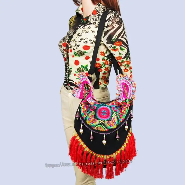 

Multi-use Hmong Vintage Tribal Ethnic Thai Indian Boho shoulder bag messenger bag handmade, embroidery pom trim SYS-270R